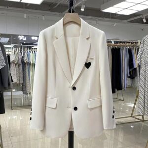 21top Haute qualité mode nouveau automne blanc Blazer veste femmes simple boutonnage costume dames décontracté bureau formel Blazers manteau mince amour - Publicité
