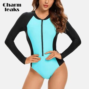 Charmleaks – maillot de bain une pièce à manches longues pour femmes, bloc de couleurs, col rond, fermeture éclair, ensemble Rashguard, combinaison de surf UPF 50+ - Publicité