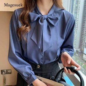 Style Top bleu lanterne à manches longues femmes Blouse Blusa noeud papillon Ladys chemise automne simple boutonnage en mousseline de soie chemise 10693 - Publicité