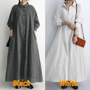 Coton et lin revers rayé longue chemise robe femmes à manches longues robes décontractées en vrac femmes poche Simple grande taille dame robe 24168 - Publicité