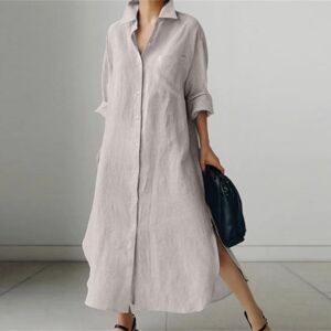 Robe longue décontractée à manches longues pour femmes, ourlet fendu irrégulier, couleur unie, revers ample, simple boutonnage, robe chemise Maxi décontractée - Publicité