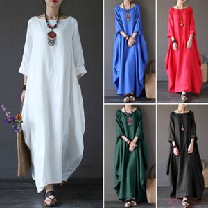 Robe longue en coton et lin pour femmes, ample, décontractée, grande taille, rétro, manches 3/4, style Boho, couleur unie, fête, grande taille - Publicité