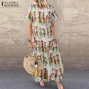 ZANZEA Bohême Dames D'été À Manches Courtes Imprimé Floral Tunique Robe Baggy Décontracté Lâche Ethnique Longue Robe - Publicité