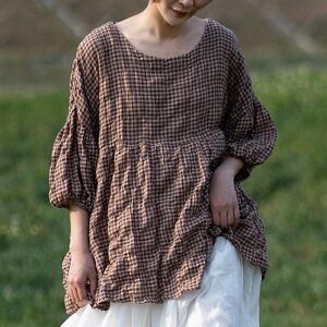 Johnature printemps été femmes décontracté coton à carreaux Vintage chemise ample à carreaux manches ballon chemise - Publicité
