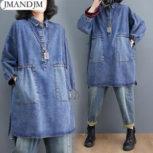 Robe longue en Denim pour femmes, couleur unie, blanche, décontractée, basique, en coton, Vintage, manteaux à revers, grande taille, vêtements, automne 2023 - Publicité