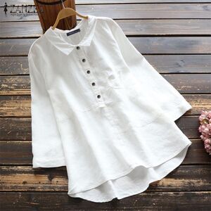 ZANZEA Vintage femmes manches 3/4 coton tunique chemise hauts surdimensionné ample décontracté boutonné Blouse irrégulière - Publicité