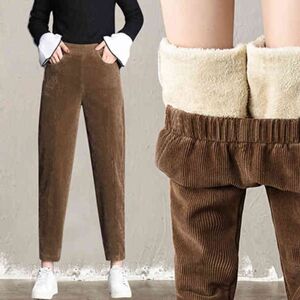 Femmes mode hiver épaissir peluche velours côtelé pantalons décontractés chaud taille haute pantalon - Publicité
