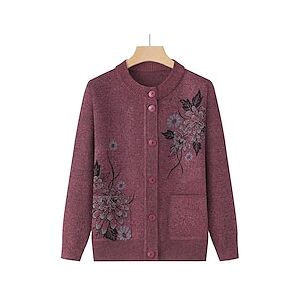 Gilet Cardigan Femme A côtes Tricoter Col Ras du Cou Polyester Bouton Poche Automne Hiver Extérieur Vacances Sortie mode Décontractées Flexible manche longue Floral Rouge bordeaux Vert herbe Cuir Rose Lightinthebox