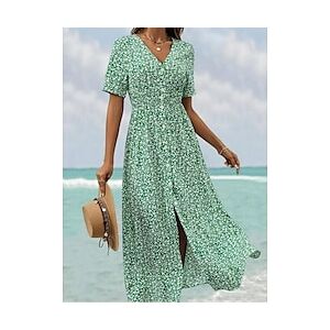 Femme Mousseline de soie Robe Trapèze Petites fleurs Fendu Froncé Col V Robe Maxi Bohème Vacances Sans Manches Eté Lightinthebox