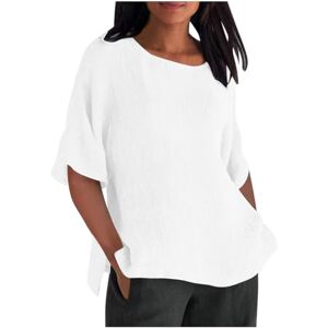 Generic Haut ample en coton et lin pour femme Col rond Manches mi-longues Fente latérale Tunique surdimensionnée Grande taille Vêtements d'été décontractés Tenue quotidienne, 38 x blanc, M - Publicité