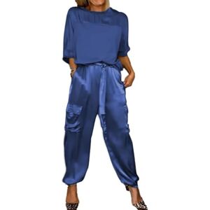 Sunlighty Ensemble haut et pantalon en satin lisse pour femme, tenue décontractée en satin 2 pièces, jogging à manches courtes, bleu, XXL - Publicité