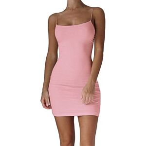 Femme Robe Moulante Basique Solide Classique Bretelles Spaghetti Caraco Couleur Unie Sling Mini Robe Courte (M,Rose) - Publicité