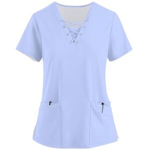 Generic Générique Blouse De Travail Femme,Chemisiers Et Blouses Femme VêTements De Travail à La Mode pour Femmes Chemisier Femme Manche Courte Col en V Et Poches Hauts De Couleur Unie Et Top(Bleu Clair,4XL) - Publicité