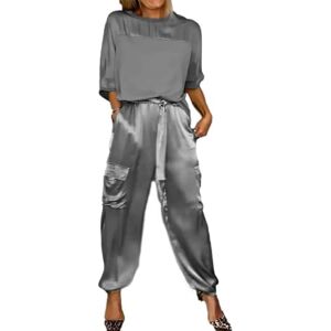 Sunlighty Ensemble haut et pantalon en satin lisse pour femme, tenue décontractée en satin 2 pièces, jogging à manches courtes, gris, XL - Publicité