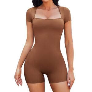 CMTOP Combinaison Femme à Manches Courtes Une Pièce Combishort Femme Ete Sexy Moulant col Carré Ajustée au Corps Combinaison de Sport Élastique Jumpsuit pour Fitness Yoga Loisirs(Brun, M) - Publicité