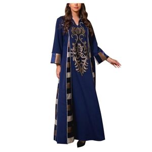 JUANMAO Abaya Femme Col V Musulmane Dubai, Ethnique Djellaba Femme Brillantes Robe Arabe VêTements Musulmanes Caftan Marocain Solide Chic Robe de prière Islamique à Manches Longues Robe Swing Femme - Publicité