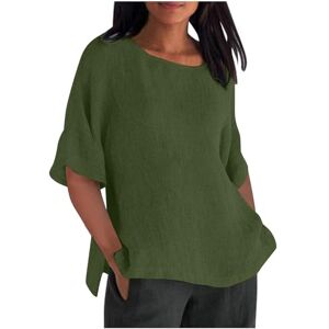 Generic Haut ample en coton et lin pour femme Col rond Manches mi-longues Fente latérale Tunique surdimensionnée Grande taille Vêtements d'été décontractés Tenue quotidienne, 39 x Vert - Publicité