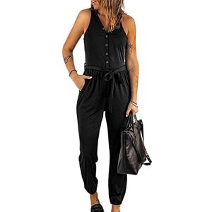 Walant Femmes Combinaison sans Manches Col V Couleur Unie Combishort Sexy Bouton Camisole Barboteuse Jumpsuit D'été Chic Slim Taille Élastique Pantalon Casual - Publicité