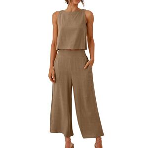 RLEHJN Ensemble 2 Pièces en Lin Couleur Unie Femme Ensemble de Pantalon Larges et Tank Top Élégante Tailleur Décontracté D'été Tenue de Plage Casual Affaires Suit Chemisier Sans manches + Pantalon Large - Publicité