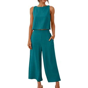 QZQZ Femme Ensemble de Pantalon et Mini Haut Costume Chic et Elegant 2 Piece sans Manches Couleur Unie Tailleur Décontracté D'été Tenue de Plage Casual Survêtement Suit - Publicité