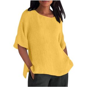 Susenstone Chemisier Coton Lin Femme Col Rond Manches 3/4 Oversized Printemps Eté Chic T-Shirt Casual Couleur Unie Hauts Lâche Ample Respirant Chemise Lin Blouse Tunique Grande Taille - Publicité