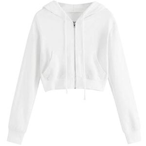 JJPAR JJPAR Sweat a Capuche Femme Court Sexy Chic Sweatshirts Femmes Manches Longues Zippé Slim Décontracté Veste Léger Respirant Pas Cher Couleur Unie Haut Printemps Eté Blanc S - Publicité