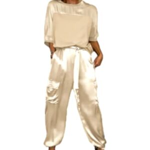 Sunlighty Ensemble haut et pantalon en satin lisse pour femme, tenue décontractée en satin 2 pièces, jogging à manches courtes, abricot, S - Publicité