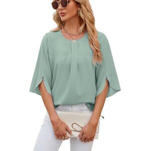 shownicer Tunique Femme Chic Et Elegant Chemisier Mousseline Haut Manches 3/4 Chemise Longue Ample Casual Tuniques Top Décontracté Col Rond Blouses Couleur Unie T Shirt A Vert Clair S - Publicité