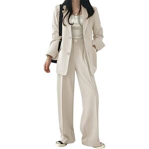 Minetom Tailleur Femme 2 Pièces Elegant Couleur Unie Slim Fit Manche Longue Blazer Veste Formel Bureau Travail Pantalon Costumes B Beige XXL - Publicité