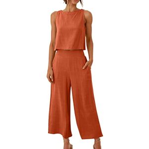 Susenstone Ensemble 2 Pièces en Lin Femme Ensemble de Pantalon Larges et Tank Top Élégante Couleur Unie Tailleur Décontracté D'été Tenue de Plage Casual Affaires Suit Chemisier Sans manches + Pantalon Large - Publicité