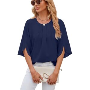 shownicer Tunique Femme Chic Et Elegant Chemisier Mousseline Haut Manches 3/4 Chemise Longue Ample Casual Tuniques Top Décontracté Col Rond Blouses Couleur Unie T Shirt A Bleu Foncé L - Publicité