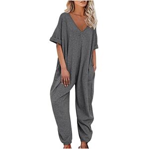 vokkrv Combinaison Coton Lin Femmes Mode Décontractée Salopette Col en V à Manches Courtes Barboteuses Avec Poches Pantalons Couleur Unie Chic Combinaison Casual Jumpsuit - Publicité