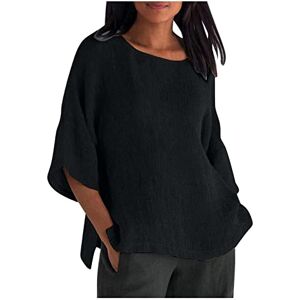 Generic Haut ample en coton et lin pour femme Col rond Manches mi-longues Fente latérale Tunique surdimensionnée Grande taille Vêtements d'été décontractés Tenue quotidienne, 15 x Noir, L - Publicité