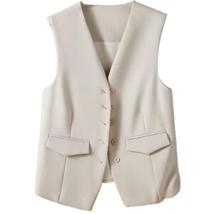 CuLtP Gilet sans Manches pour Femme, Gilet Habillé À Col en V Court, Gilet De Costume Formel Occasionnel, Haut Court D'Été, Manteau De Gilet De Bureau De Travail Boutonné Slim Élégant,Beige,3 - Publicité