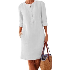 OMZIN Femme Tunique en Lin Robe Col Rond Basique Midi Couleur Unie Blanc XXL - Publicité