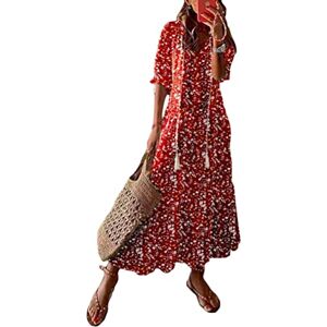 Tomwell Robe Longue Femme Boho Floral Manches Courtes Col V Robe Portefeuille Robe Sexy Casual Maxi Robe de Plage Soirée D Rouge S - Publicité