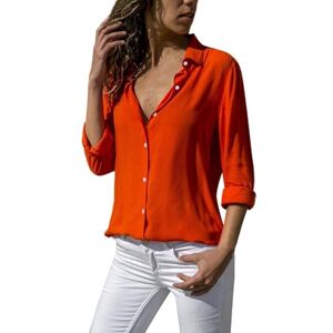 Generic HUIFUAO Chemises blanches à col en V pour femmes, chemises d'été de couleur unie, hauts à manches longues, chemisier basique noir élégant pour femmes, A02 Orange, XXXL - Publicité