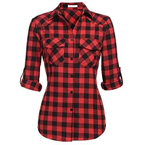 UNibelle Chemise à carreaux pour femme avec boutonnière courte/manches longues Oktoberfest Chemisier à carreaux Tunique en coton Hauts décontractés Col en V, A-rot (une taille plus petite pour slim - Publicité