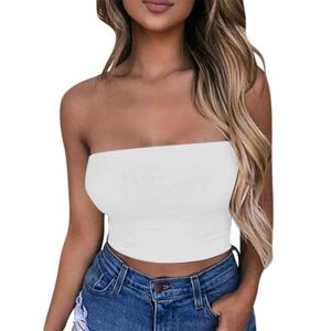 AEGJEGVD Bandeau Tube Top Femme Haut Court Dos Nu T-Shirt Sexy Caraco sans Bretelles Débardeur sans Manches Y2K Crop Top Bustier Couleur Unie Sport Chemises Mode Style Streetwear - Publicité