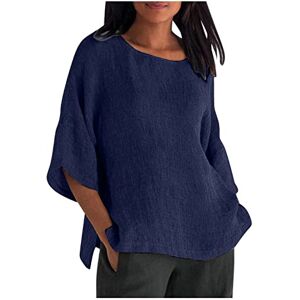 Generic Haut ample en coton et lin pour femme Col rond Manches mi-longues Fente latérale Tunique surdimensionnée Grande taille Vêtements d'été décontractés Tenue quotidienne, 11 x bleu marine, L - Publicité