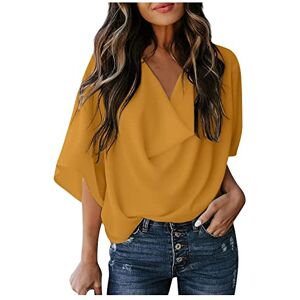 Routefuture Chemise Femme Chic et élégant Col en V Chemisier Décontracté à 3/4 Manches Lâche Couleur Unie Bureau Travail Blouse Hauts Tops Cadeau 18 Ans Fille,2-Jaune,L - Publicité