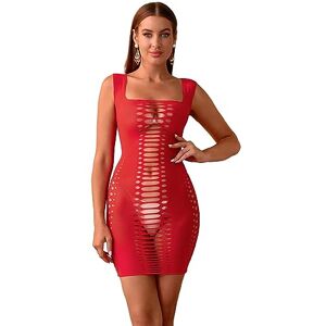 Bommi Fairy Lingerie sexy pour femme En résille Mini robe moulante Col rond Poitrine Jupe enveloppante, rouge, XS-XXL - Publicité