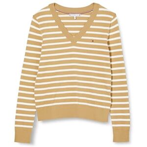 Tommy Hilfiger Femme Pull Jersey V-Neck Pull en Maille, Multicolore (Classic Khaki/ Ecru Stp), XS - Publicité