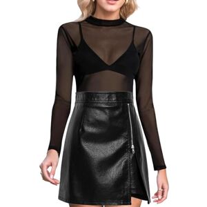 Nodcows Hauts Transparent Femme, Rond Haut Noir, Manches Longues Elégant Top Maille Transparente en Tulle, Chemise Slim Fit T-Shirt Col pour Soirée Clubwear Mode Streetwear - Publicité