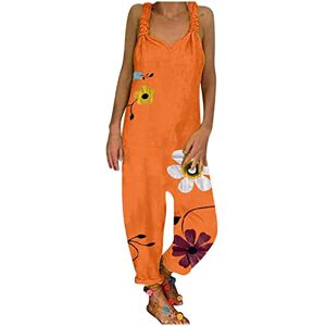 Générique Combinaison Femme Chic Décontractées à Jambes Larges sans Manches en Lin d'été, Salopettes à Bretelles imprimées de Fleurs avec Poches Culotte Jumpsuit Combinaison Femme Chic pour Soirée Orange M - Publicité