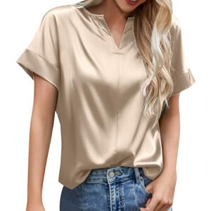 Vuncio Blouse Satin Femme Chic Et élégant Soirée Chemise Femme Manches Courtes Col en V Ete Chemisier Femme Grande Taille Printemps Fashion Casual Cérémonie Tee Shirt Haut Top (Khaki, L) - Publicité