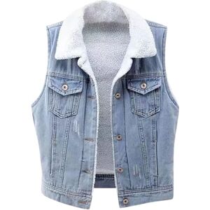 NZYIHAO Gilet en jean pour femme Veste polaire doublée sans manches Veste d'hiver en denim Veste polaire d'hiver Col à revers Veste chaude de transition Grandes tailles Veste en jean Manteau - Publicité