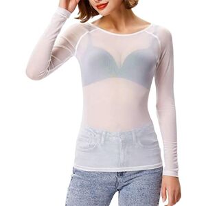 ORANDESIGNE T-Shirt à Manches Courtes en Maille pour Femmes Mesh Crop Top Y2k Sexy Transparent Haut en Résille Perspectif Slim Fit Fête Blouse Clubwear Y Blanc M - Publicité