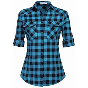 UNibelle Chemise à carreaux pour femme avec boutonnière courte/manches longues Oktoberfest Chemisier à carreaux Tunique en coton Hauts décontractés Col en V, Bleu (une taille plus petite pour Slim - Publicité