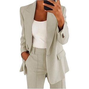 shownicer Tailleur Femme 2 Pièces Elegant Couleur Unie Slim Fit Blazer Veste Formel Bureau Travail Pantalon Costumes Revers Manteau Ensemble A Beige S - Publicité